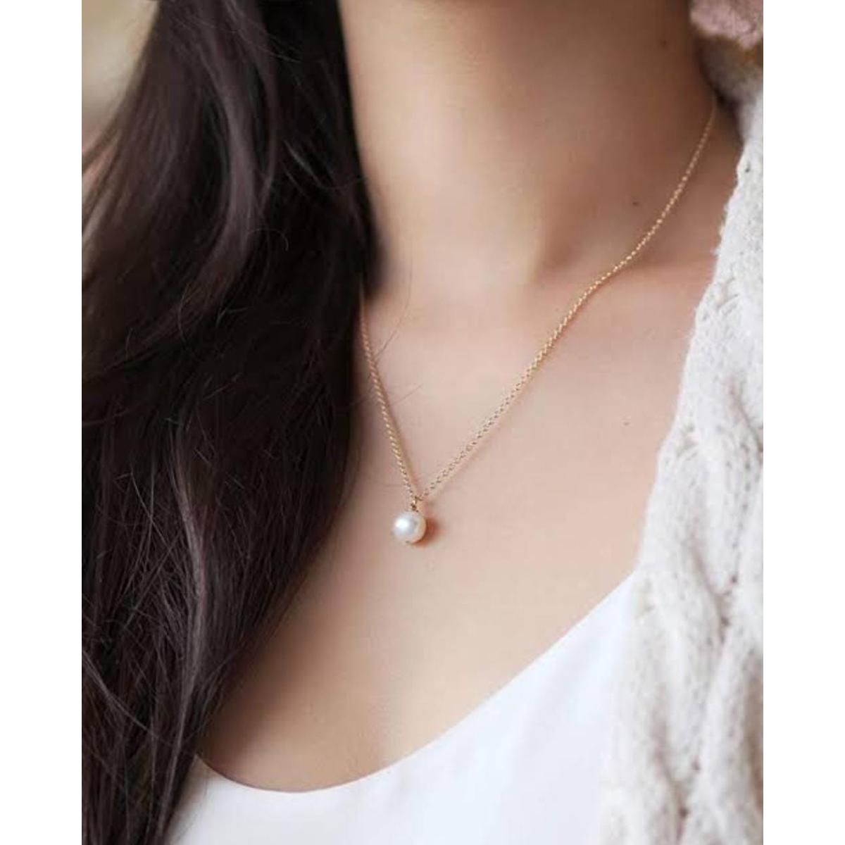 Necklace for Girls/Womens Simple With White Pearl Locket - Silver and goidan Chain