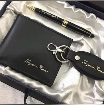 Customized Name Engraved Men's Wallet, Pen & Keychain 3-in-1 Combo Gift Box Set - Personalized Premium Corporate Accessory Kit for Men, Boss, Husband, Teacher