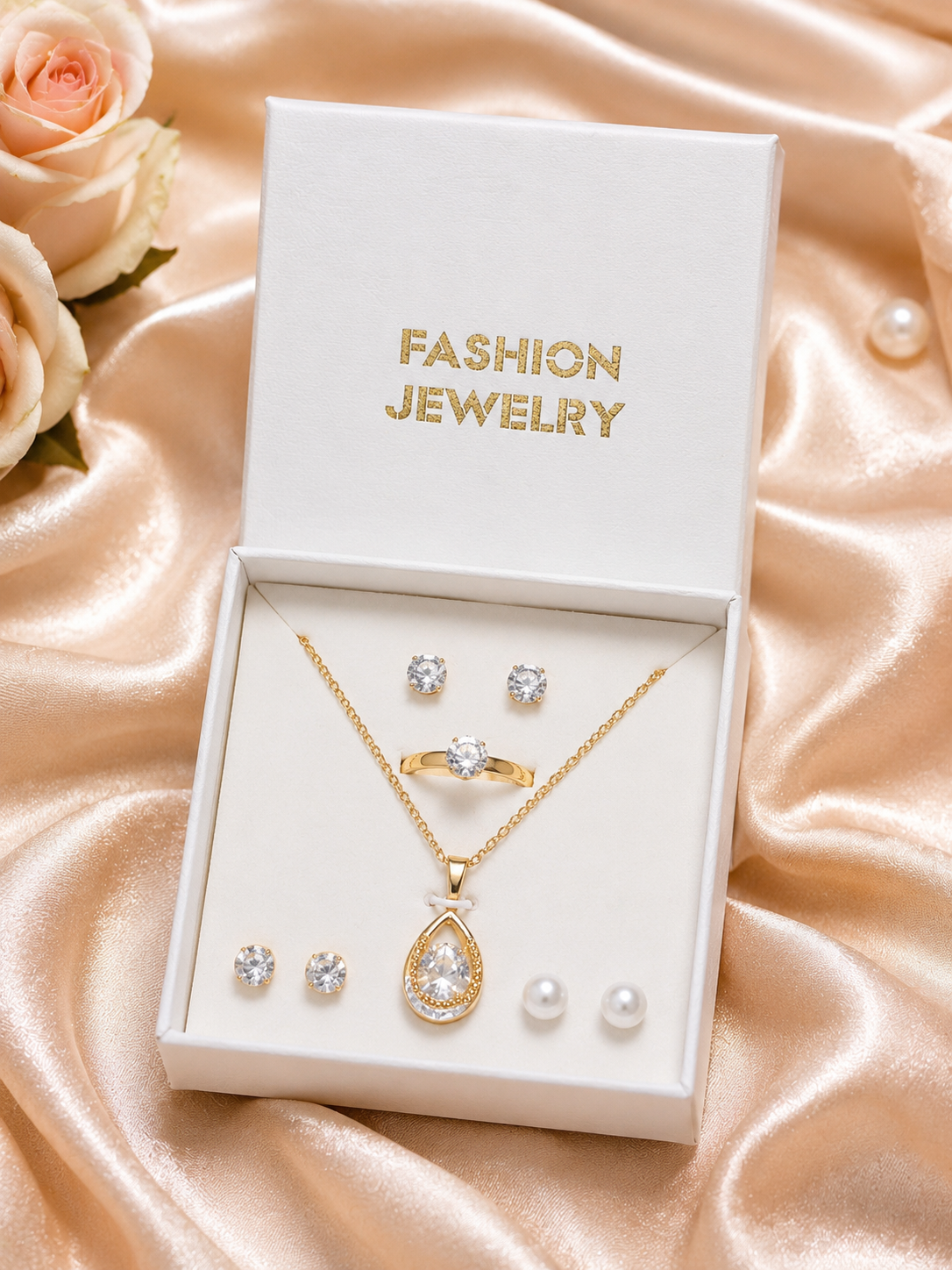 8 Pc Heart Pearl Pendant Necklace Set for Women & Girls | Silver Color Crystal Heart Locket with Pearl Chain | Matching Earrings & Ring Jewelry Set | Elegant Fashion Necklace Set | Party Wear Gift Jewelry | Bridal Engagement Birthday Gift