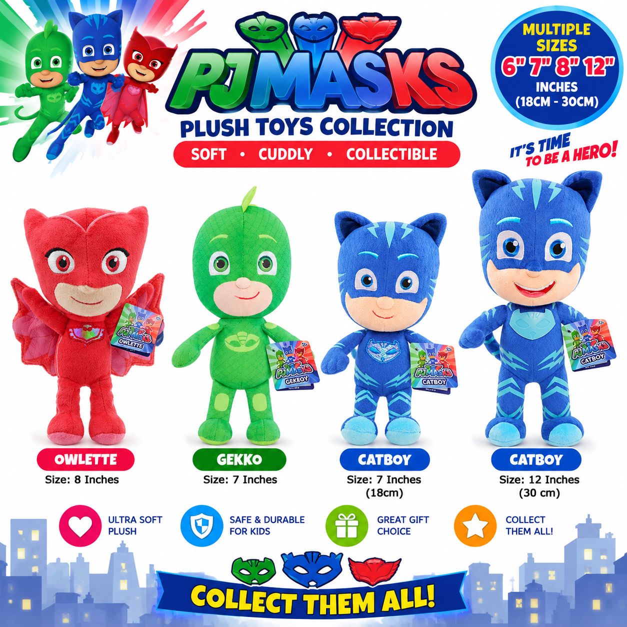 PJ Masks Characters Soft Cuddly Plush Toys for Kids | Catboy Owlette Gekko Stuffed Toys | Cartoon Plush Doll Gift for Boys & Girls