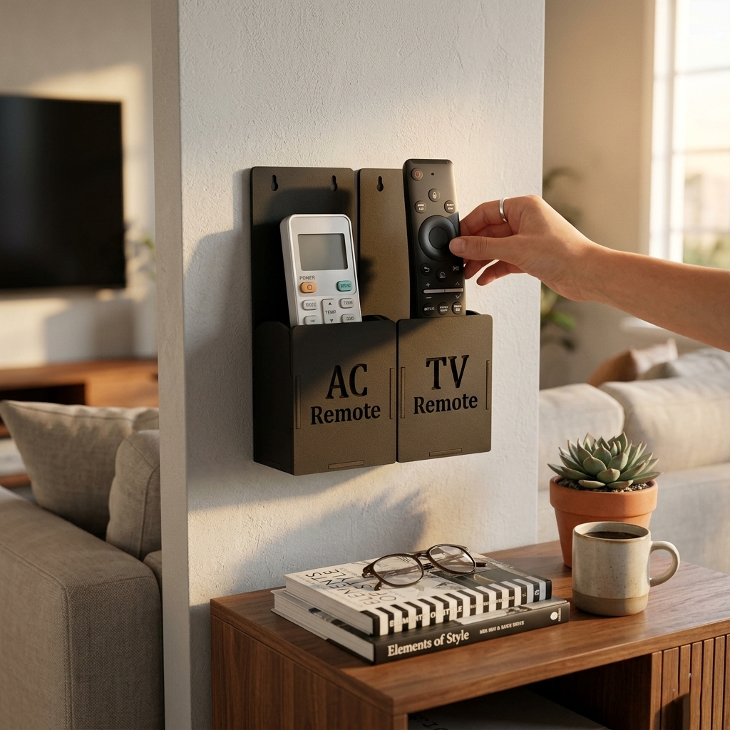 Wall Mounted TV AC Remote Holder Wooden Stand Black Color
