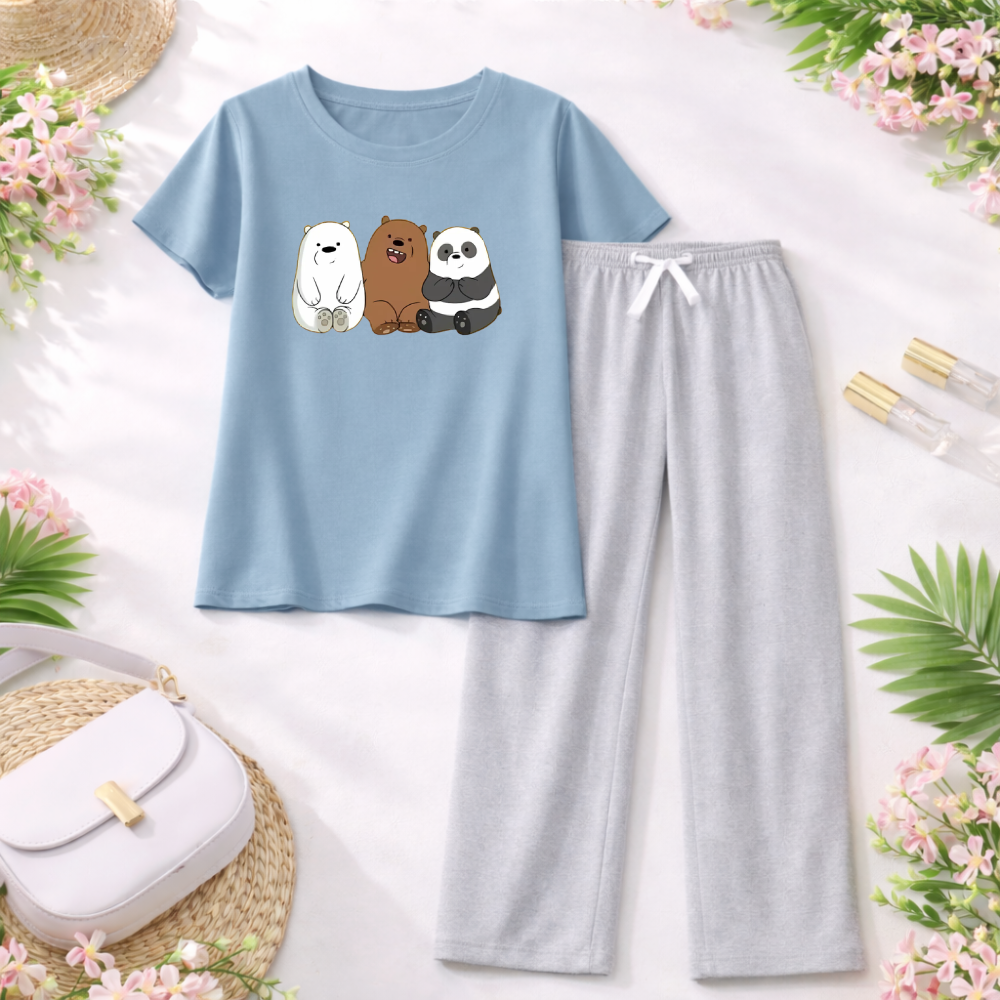 MK Garments - 3 Bears Girls 2 Pcs Set Soft Jersey Half Sleeves T-Shirt & Trouser Comfortable Sleepwear Nightwear Casual Home Wear for Girls