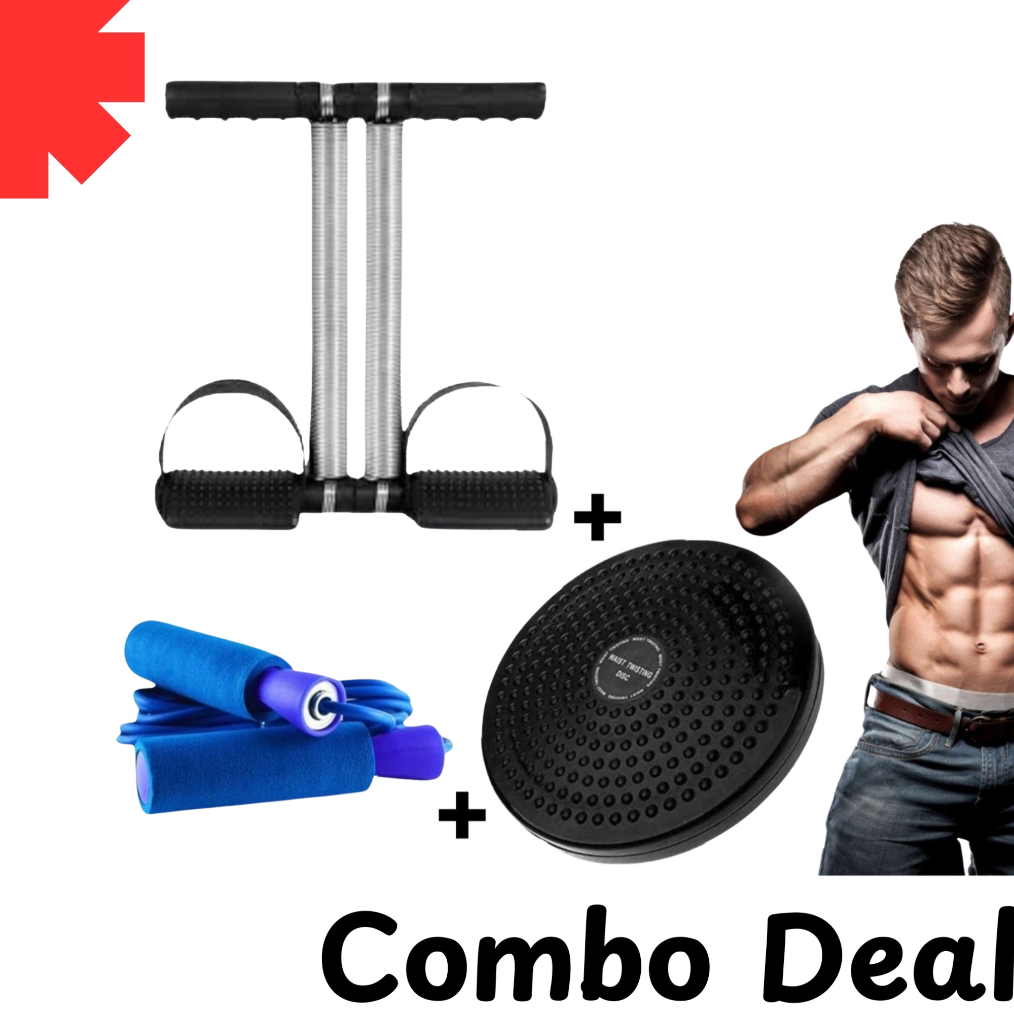 COMBO DEAL OF DOUBLE SPRING TUMMY TRIMMER +TWISTER PLATE + JUMP ROPE FOR WORKOUT