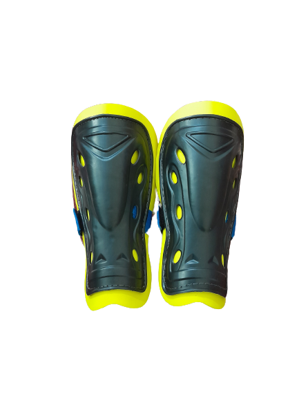 Football or Soccer Shin Guards for Adults, Youth & Kids Protective Soccer Equipment ( Orange & Blue, Yellow Pad) 1 Pair