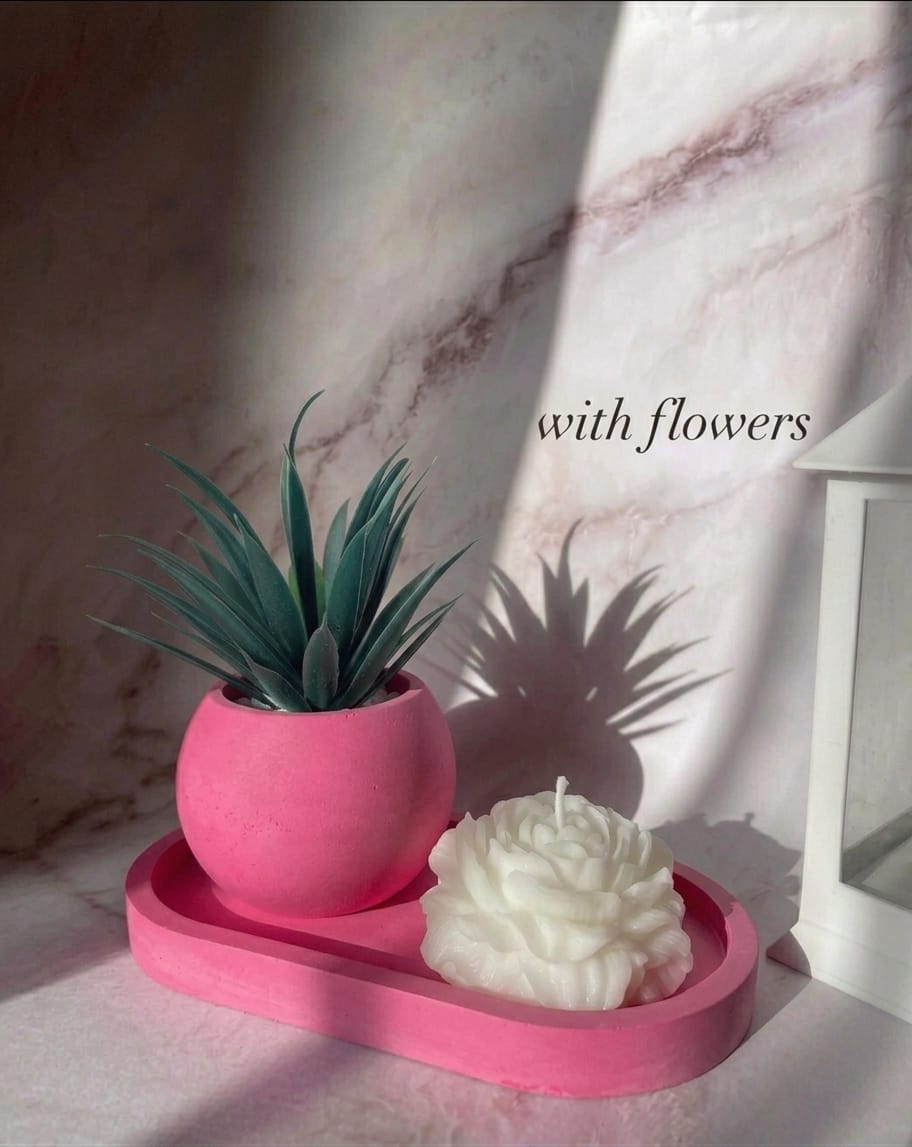 Set of 3 Mini Flower Vase Oval Tray & Peony Rose Candle Is Best for Home Decor, Modern Minimalist Home Decorative Set