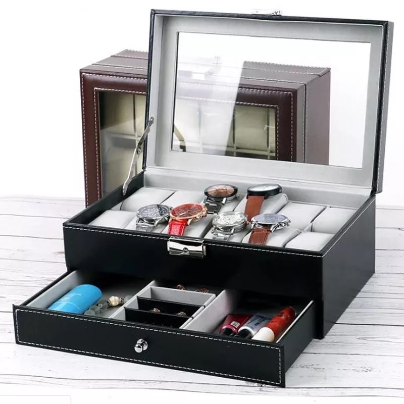 Watch Box Organizer for Men PU Leather Storage Case Classic and Luxury Style Black/Brown 6/8/10/12 Grid