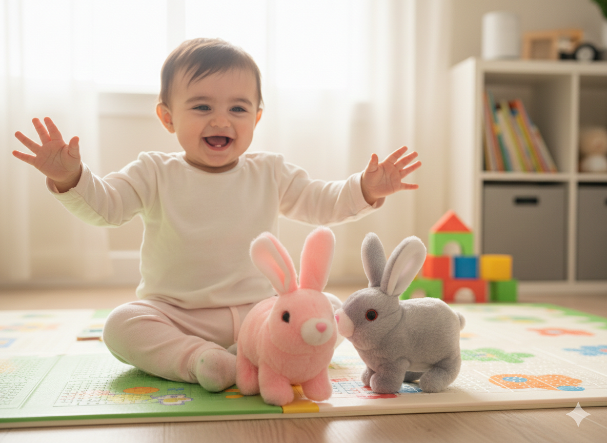 Cute Electric Jumping Rabbit Toy – Moving Ears & Hopping Action – Battery Operated Plush Bunny for Kids (Pink & Grey)