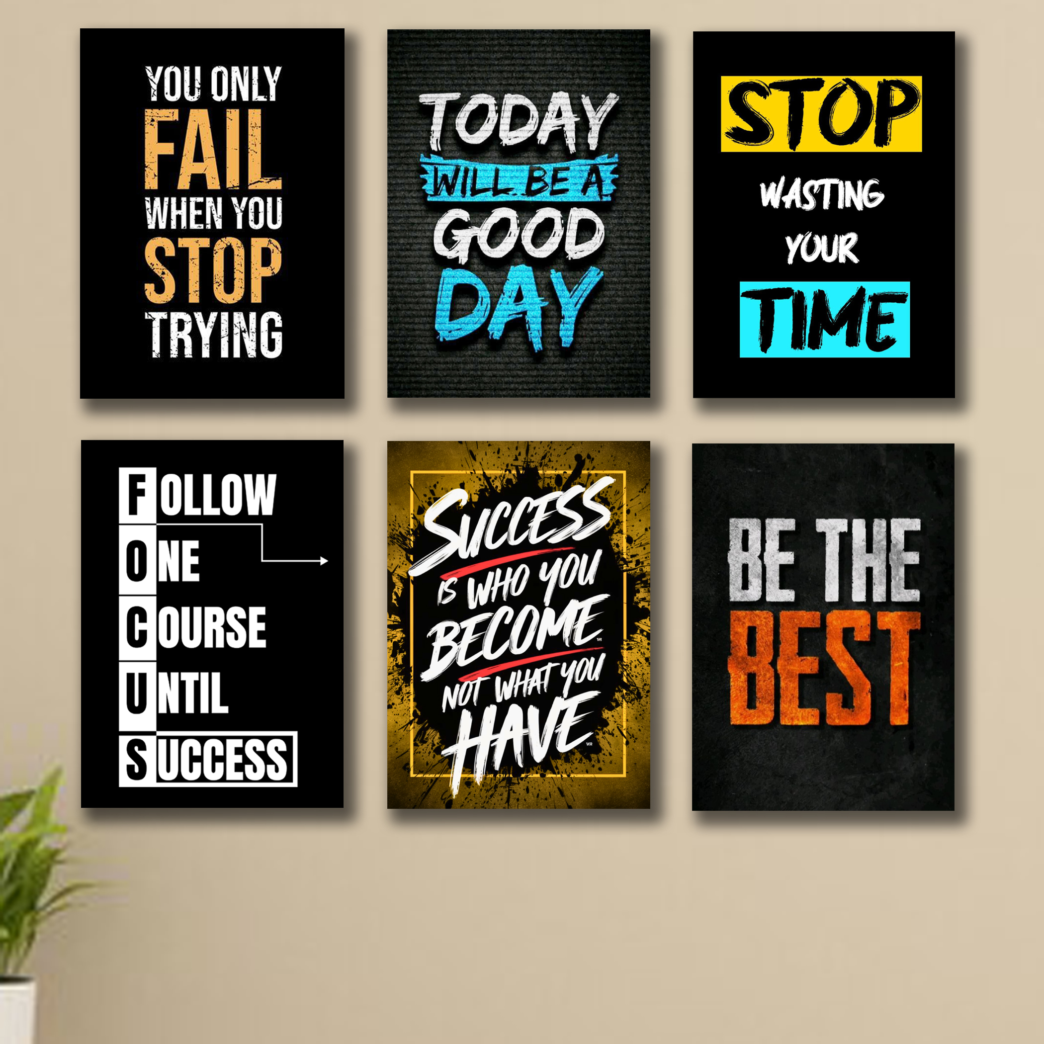Dotz Brand 6 Piecs Motivational Wall Art - set of 6 Motivational sticky canvas frames for wall decore - sticky phototiles - frames for room decoration - decorations pieces for room wall - house decoration items - decorationitems