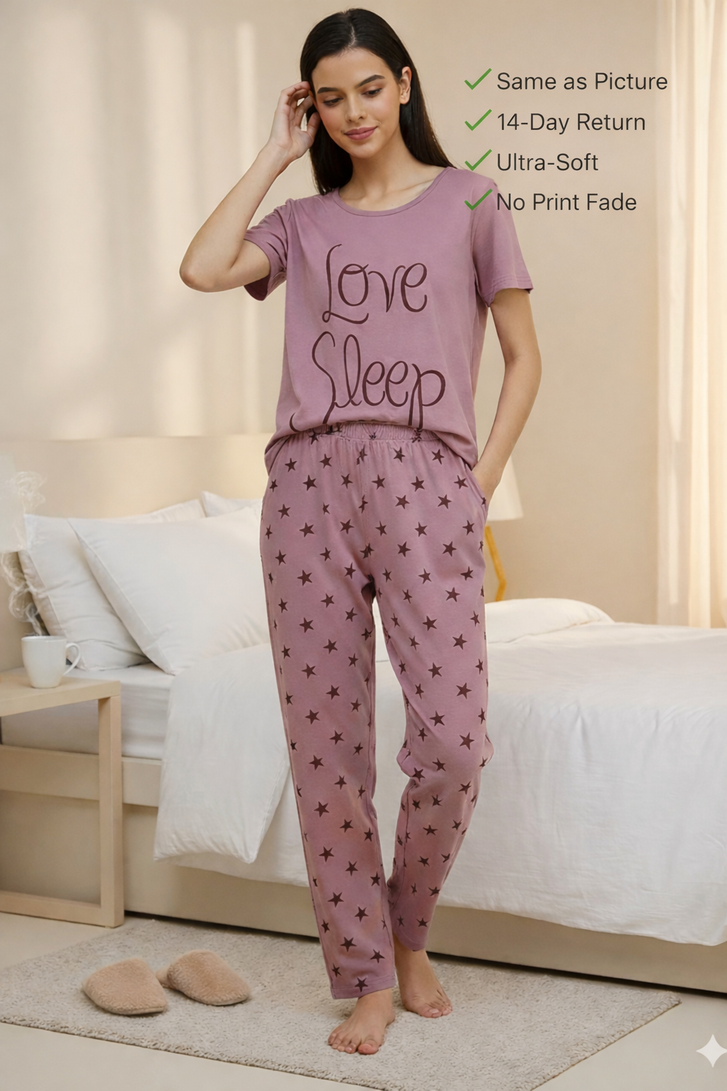 Ladies, Women & Girls Soft Pink Nighty Pajama Set – Printed Cotton Nightwear Suit for Sleeping, Home & Lounge Wear