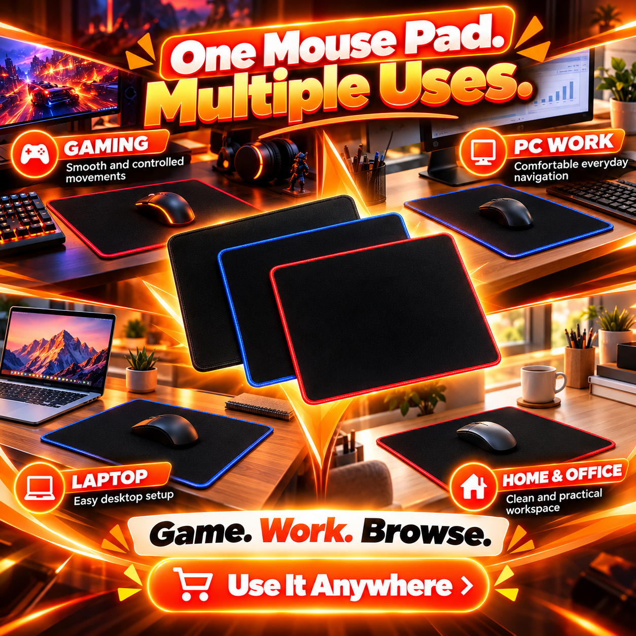 L16 Gaming Mouse Pad – Stitched Edge Mouse Pad with Black Smooth Surface & Colorful Border | Anti-Slip Gaming Mousepad for PC & Laptop Pakistan