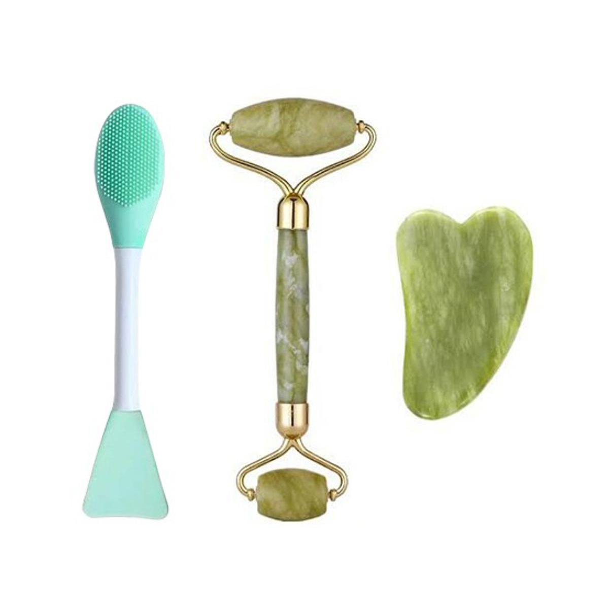 (Pack of 3) Jade Roller, Gua Sha & 2 in 1 Mask Brush and Massage Brush Set Facial Beauty Tools Massage Face Roller Skin Stone for Anti-face Aging Neck wrinkles Massager for Face, Neck and Eye Treatment Facial Roller for Skin Care Routine