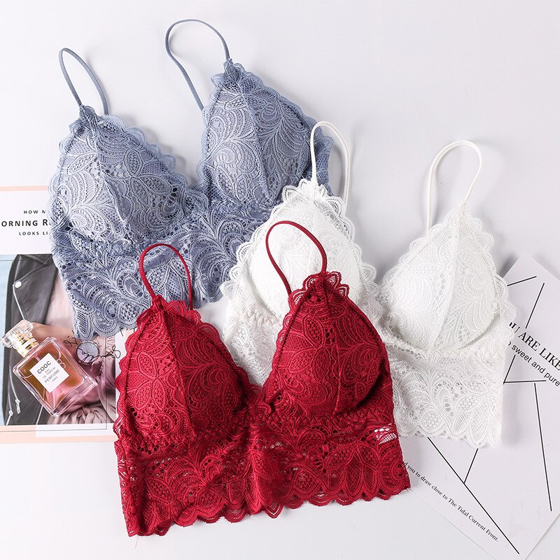 Linbaiway 3/4 Triangle Cup Bra for Women Lace Bralette Deep-V Padded  Lingerie Wire Free Push Up Bra Brasiere Mujer Femme