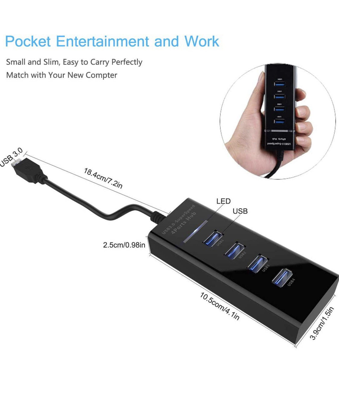 Super Fast USB Hub 3.0 - 4-Port High Speed USB Hub - 4 Data Transfer Port with 1 ft Extended Cable & LED Light - For Computers , Laptop, PC, Mobile, XPS, Surface Pro, USB Flash Drives (Daraz Like New)
