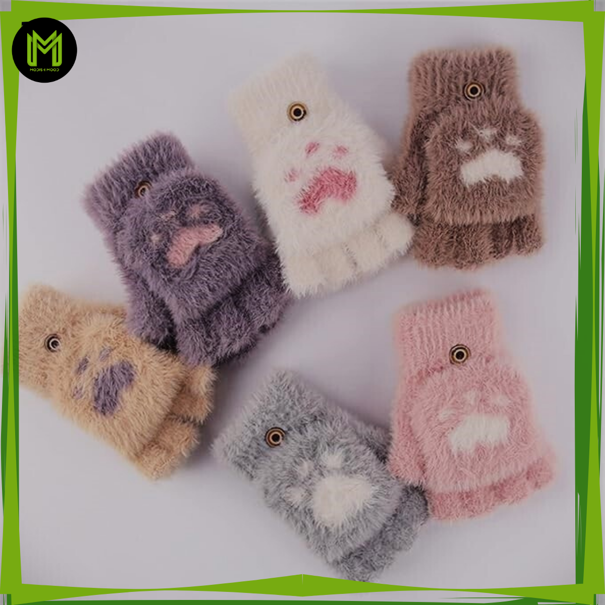 Women Lovely Winter Fingerless Cat Paw Thick Warm Gloves | Fashion Fingerless Sports Gloves For Outdoor Cycling, Motorcycle, Running | Fluffy Plush Fingerless Convertible Gloves | Women Soft Winter Warm Half Finger Gloves | Girls Warm Mittens For Winters