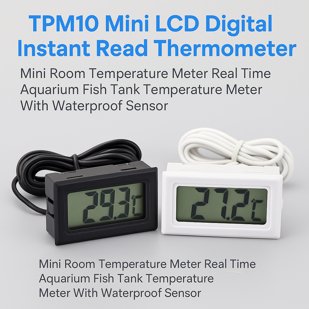 Master Crafts | TPM10 Mini LCD Digital Thermometer | Instant Read Temperature Meter with Waterproof Sensor | Aquarium, Fish Tank, Room Use | Black/White
