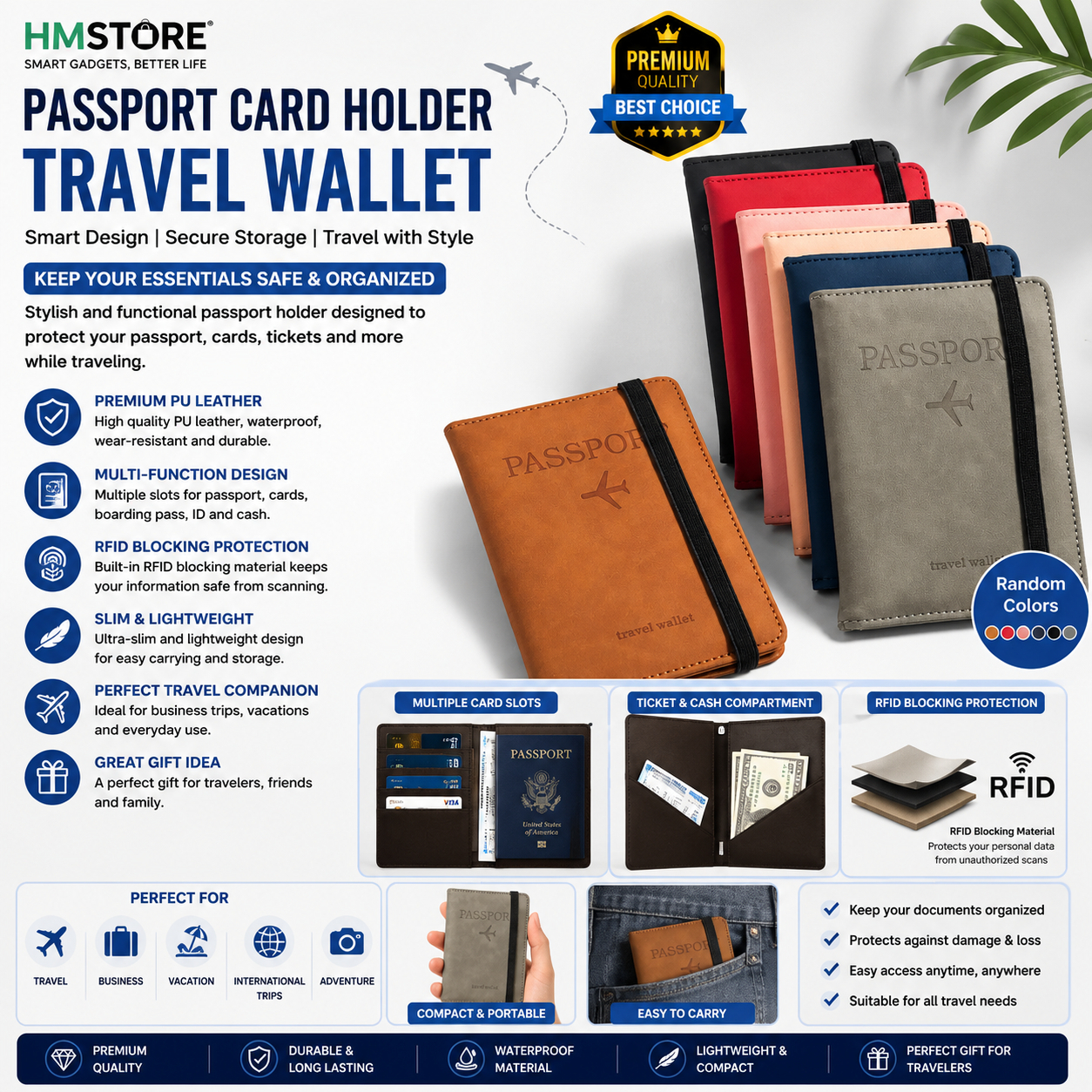 Passport Holder Wallet RFID Blocking Leather Passport Cover Travel Card Holder Document Organizer for Men Women Multi Color