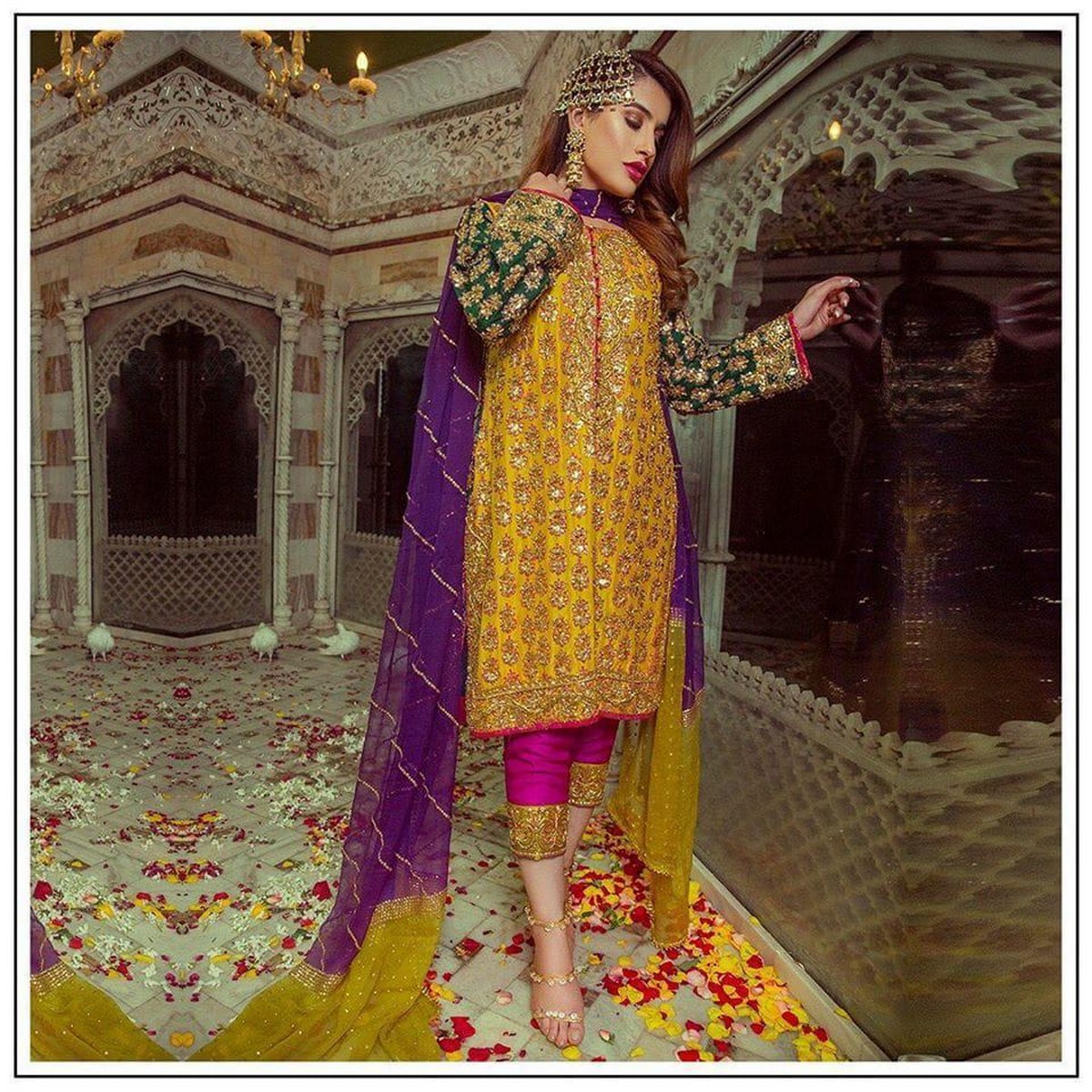 knee length dresses for ladies Heavy Embroidered Chiffon Mehndi Dress for Wedding Functions – Best Price  Online in Pakistan main image 0