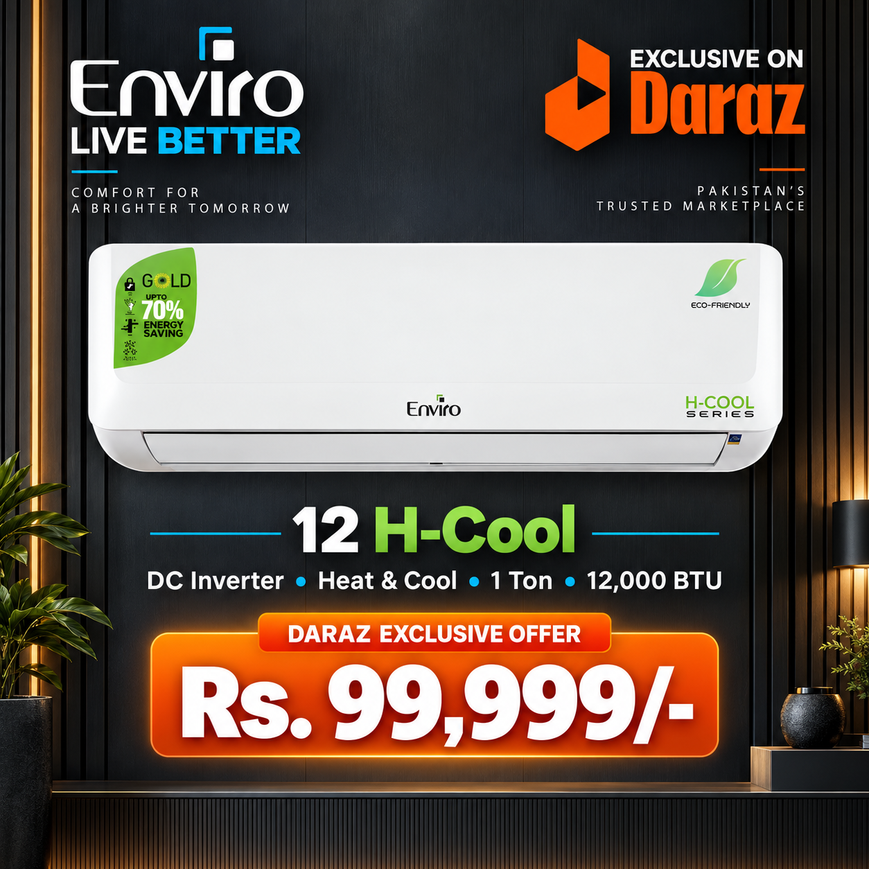 Enviro 1 Ton DC Inverter Split Air Conditioner 12000 BTU | EAC-12H Cool H&C | T3 Compressor | R32 Refrigerant | 70% Energy Saving | Turbo Cooling | Self Cleaning | Golden Fin