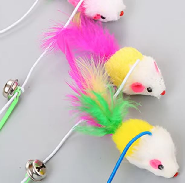 Pet Cat Teaser Cute Mouse Shape Feather Bell Stick Fishing Rod Interactive Toy Stick for Cats