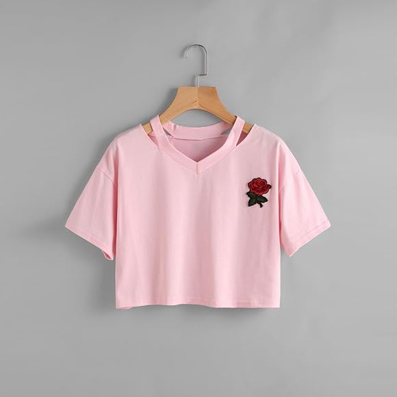 Trendy Women's Loose-Fit Crop Top with Printed Rose
