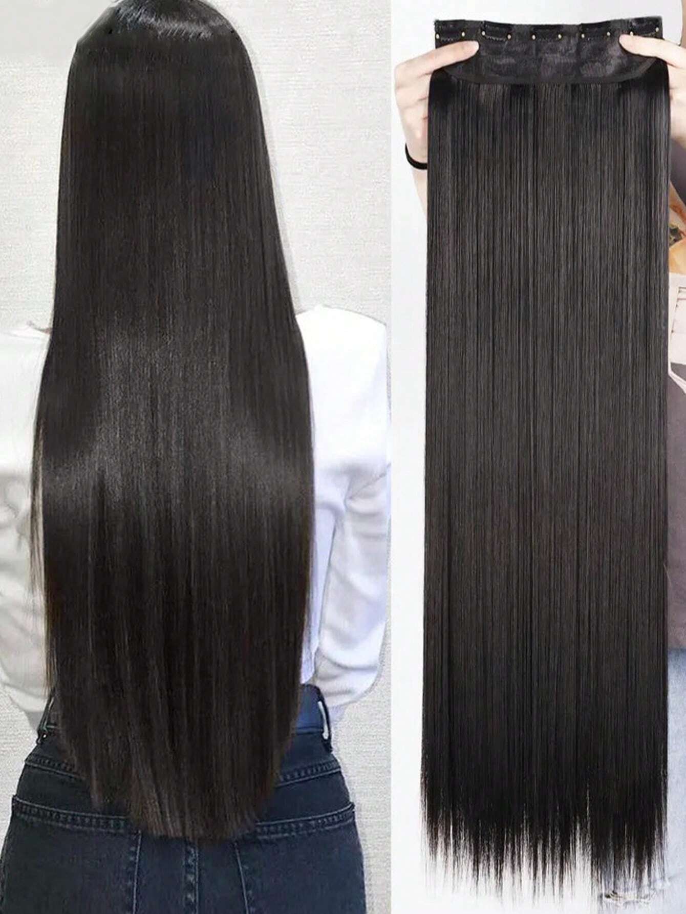 Elegant Hair Extension with 5 clips-black color