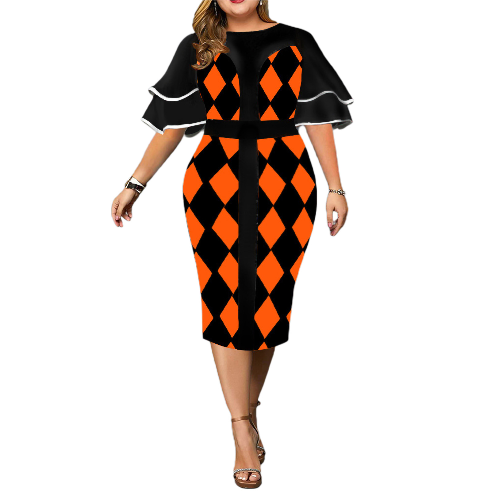 Office Lady Dress Mid-Calf Geometric 