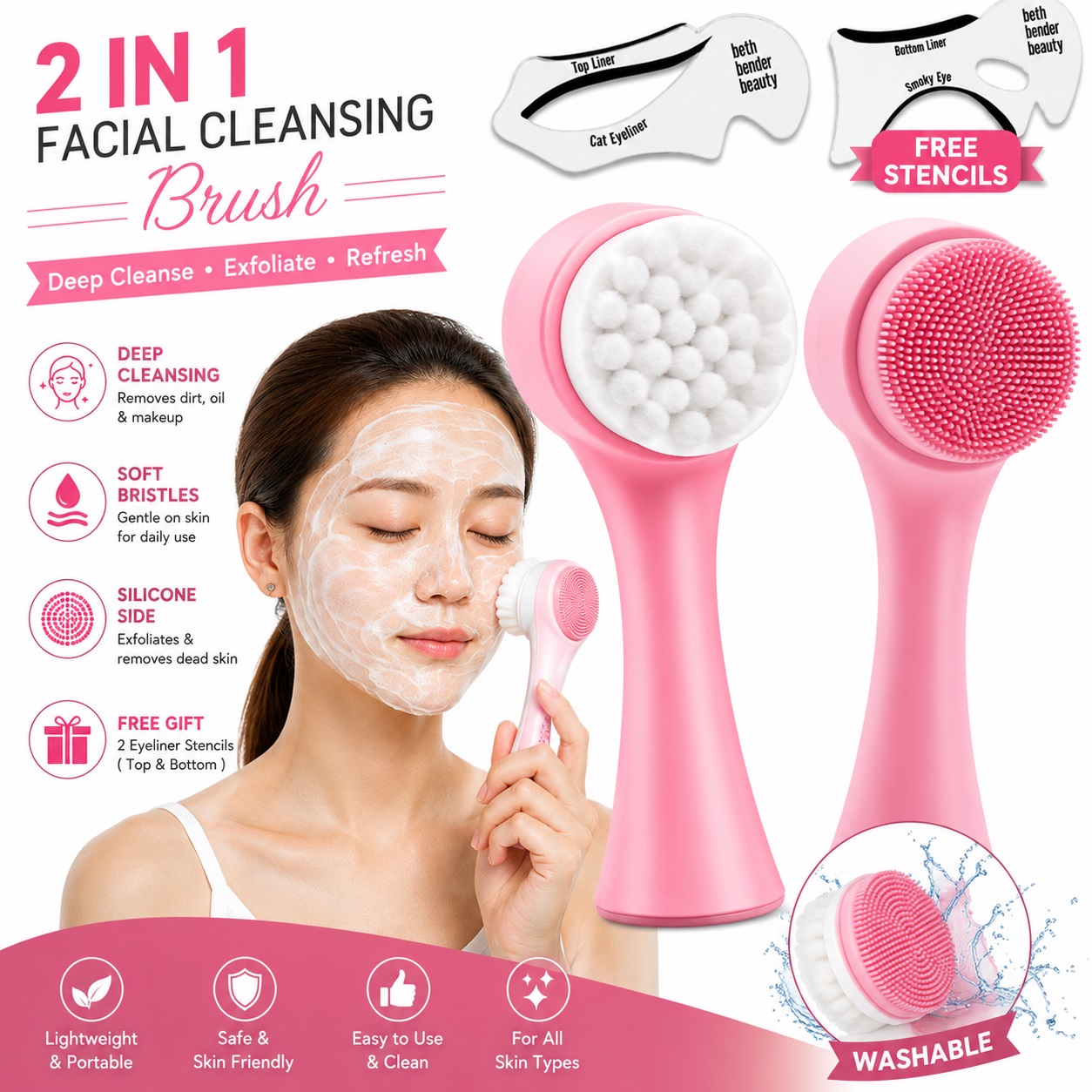 2 In 1 Face Cleansing Brush Silicone Double-Sided Facial Deep Cleaning Pore Cleaner Massage Skin Care Cleanser Blackhead Removal Stencils for Perfect Cat Eyeliner and Smoky Eyes , Eye Stencils