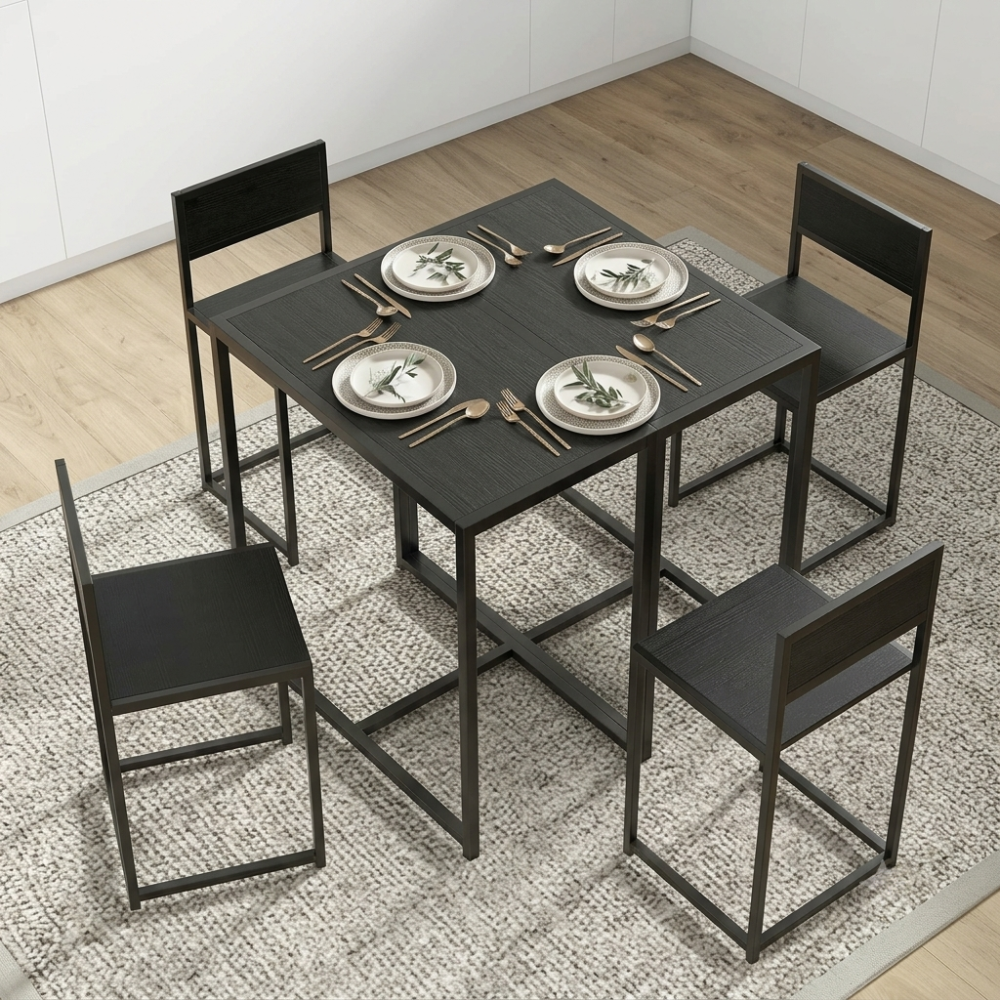 Modern 4 Seater Dining Table Set with Chairs | Stylish Black Dining Room Table & Chair Set | Space Saving Furniture for Home, Kitchen & Apartment