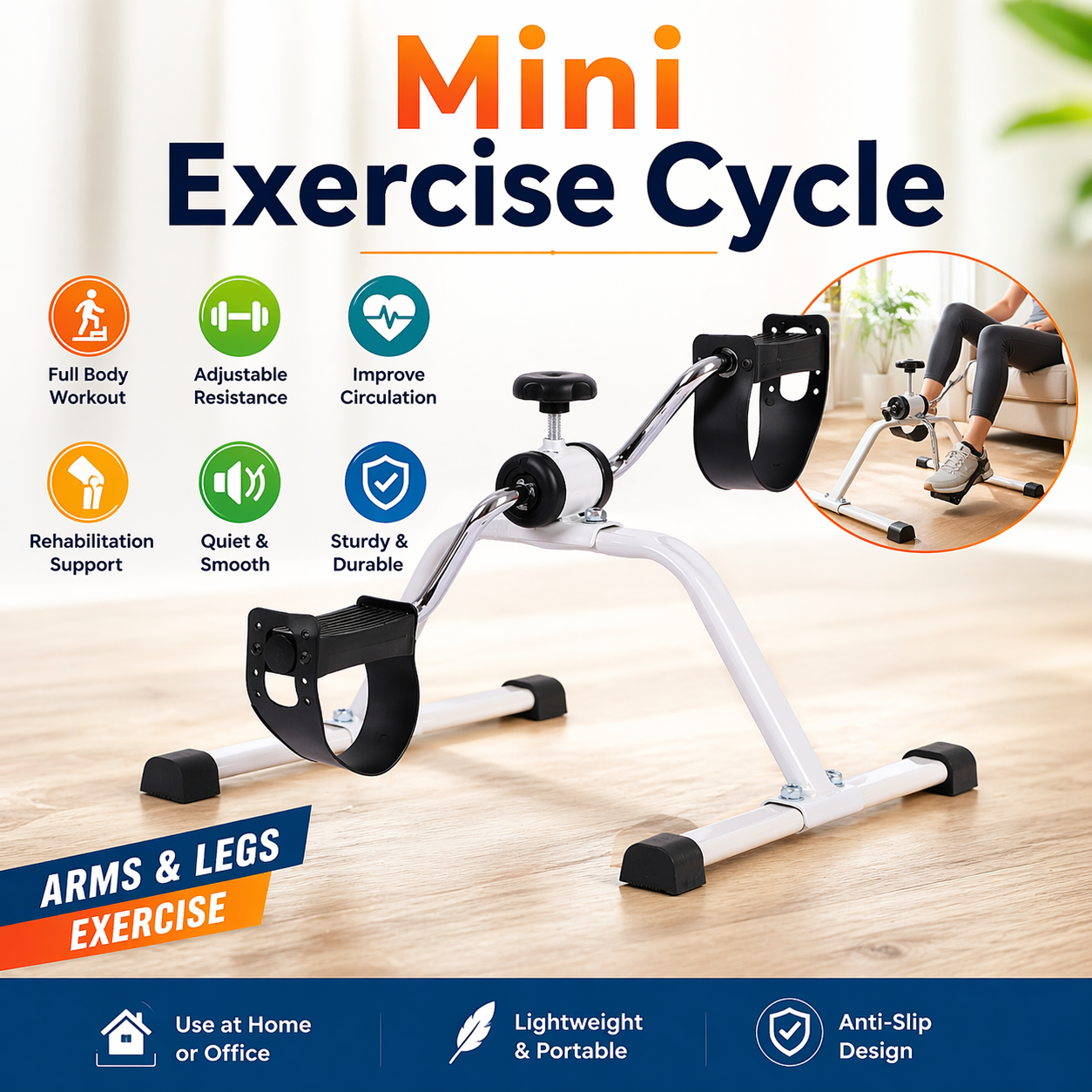 Portable Exercise Bike Pedal Exerciser For Home Gym Legs and Arms Workout Adjustable Resistance For Customized Intensity