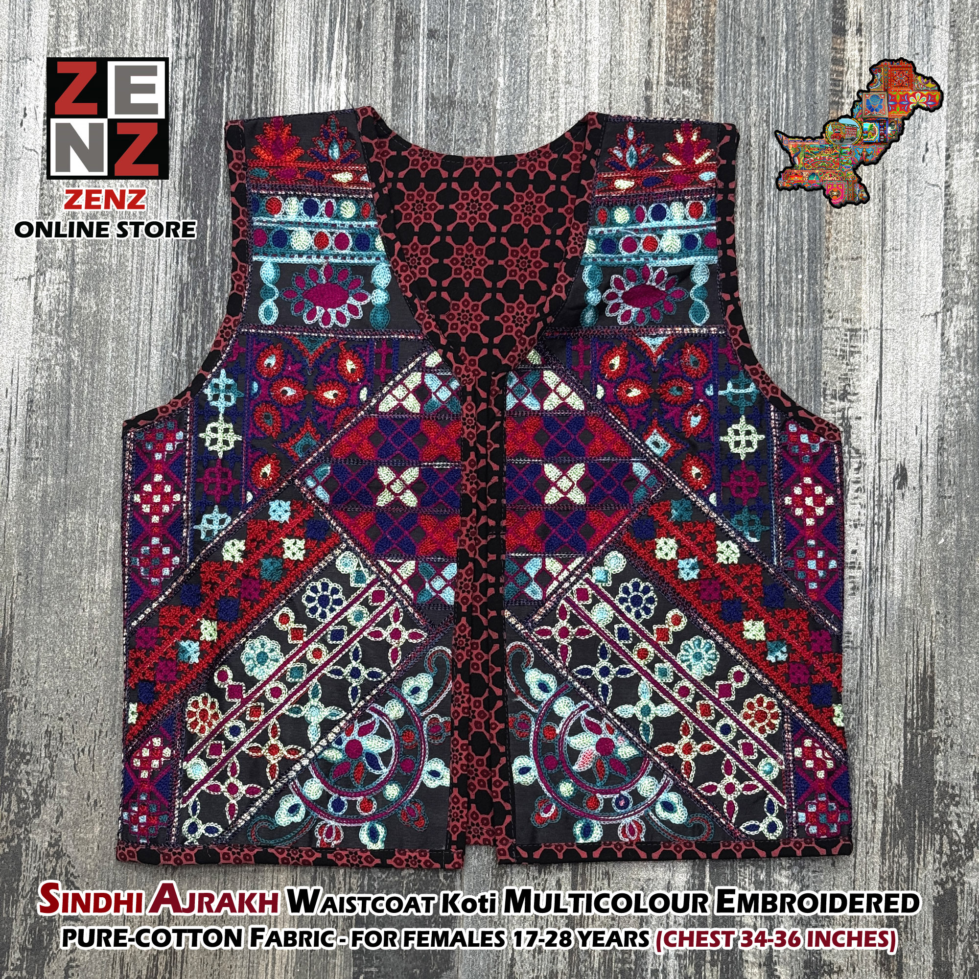 Sindhi Ajrak Traditional & Cultural Party Wear Embroidered Cotton Gilet Waistcoat Koti for Females Girls Women by ZENZ