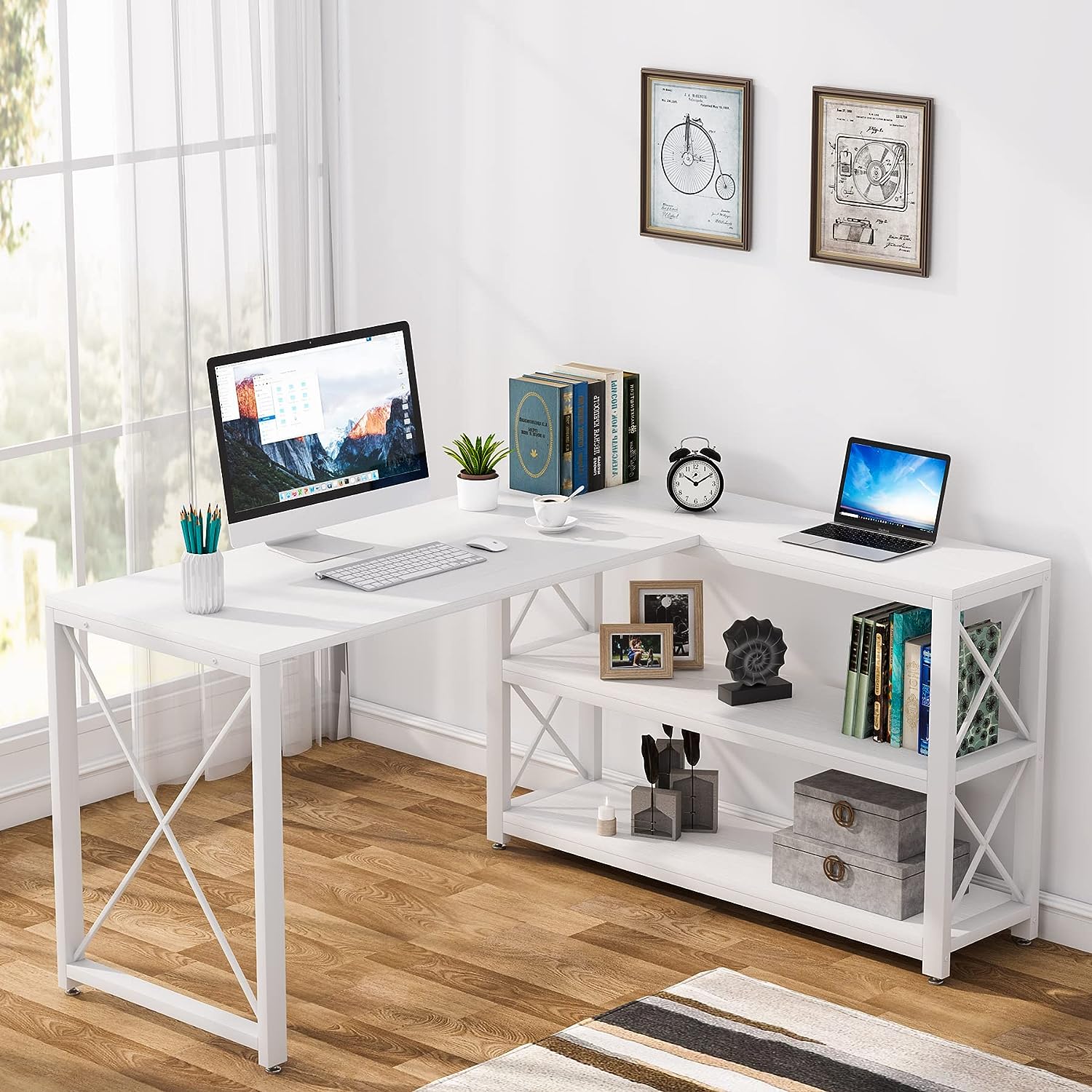 Eye Catching LShaped Reversible Industrial Desk with Storage Shelves
