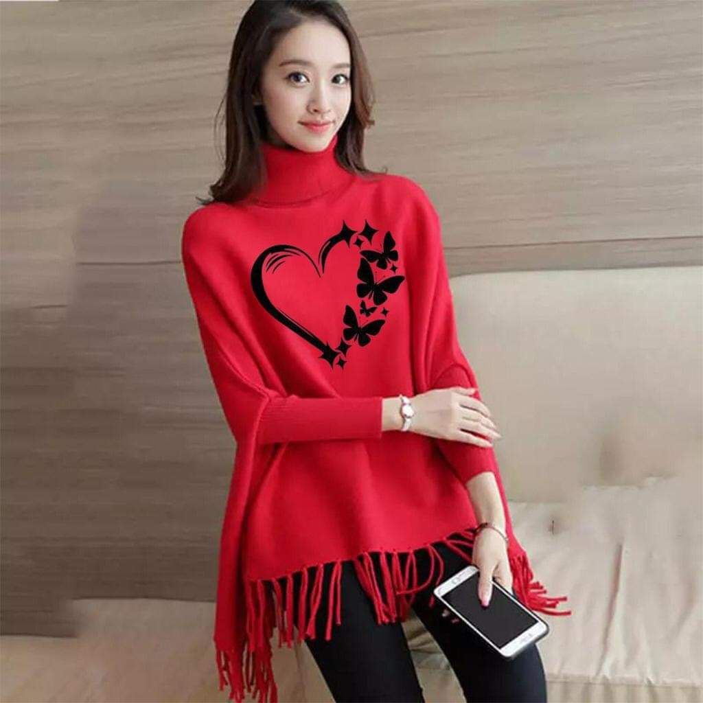 Women's Bat-Wing Style Printed Fleece Poncho
