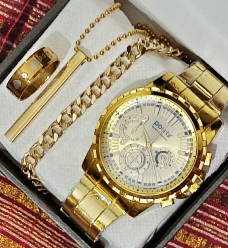 Latest Design 2025 Watch Gold Business Watches + Bracelet + Cuban Chain Bracelet +3D Bar Locket  With Chain+Ring -High Quality In Random Dial watch Design With Stainless Steel Strap + Bracelet Chain + Necklace + Ring For Boys Men