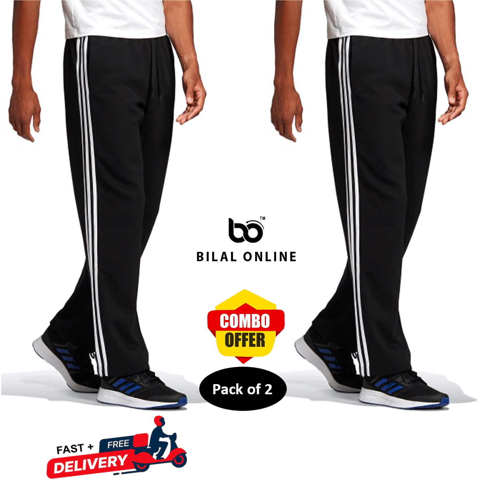 Pack of 2 Track Pants for Men's Sleepwear Pajama for Men Joggers Sweatpants Straight Leg Casual Loose Fit Running Athletic Trouser Pants with Pockets in Black with Side Strips L XL 2XL 3XL 4XL Sizes