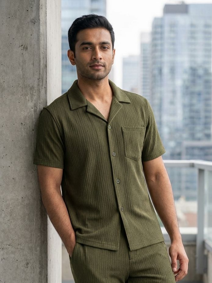Soliches - Olive Waffle Knitted Shirt for Men