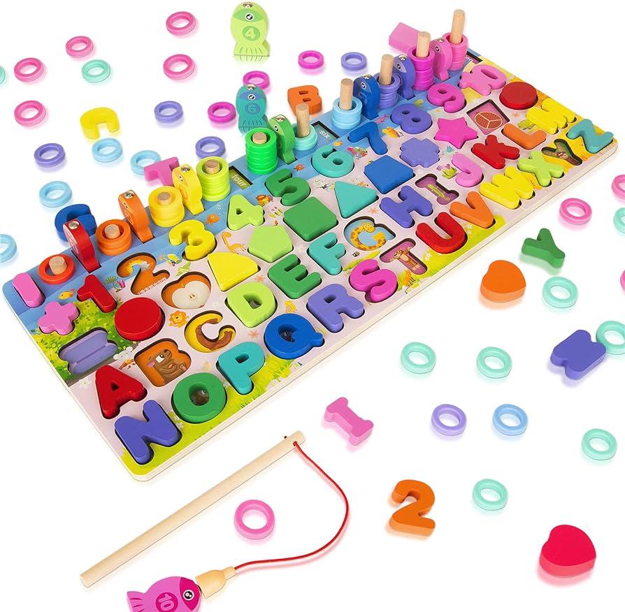 6 in 1 Wooden Montessori Learning Toy, Alphabet, Number, Shape Sorting and Stacking Fishing Game, Montessori Puzzle Board for Kids, Age 3+