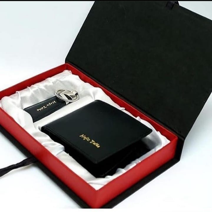 Customized Your Name Gents Wallet And Keychain Set With Box High Quality Orignal Leather