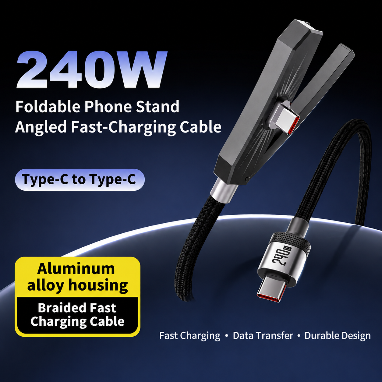 2 in 1 Charging Cable Type C with Invisible Foldable Stand – 240W Fast Charging Cable, Nylon Braided Type-C to Type-C, 360° Hidden Phone Holder, Charging Cable with Stand for Phones, Tablets & Laptops