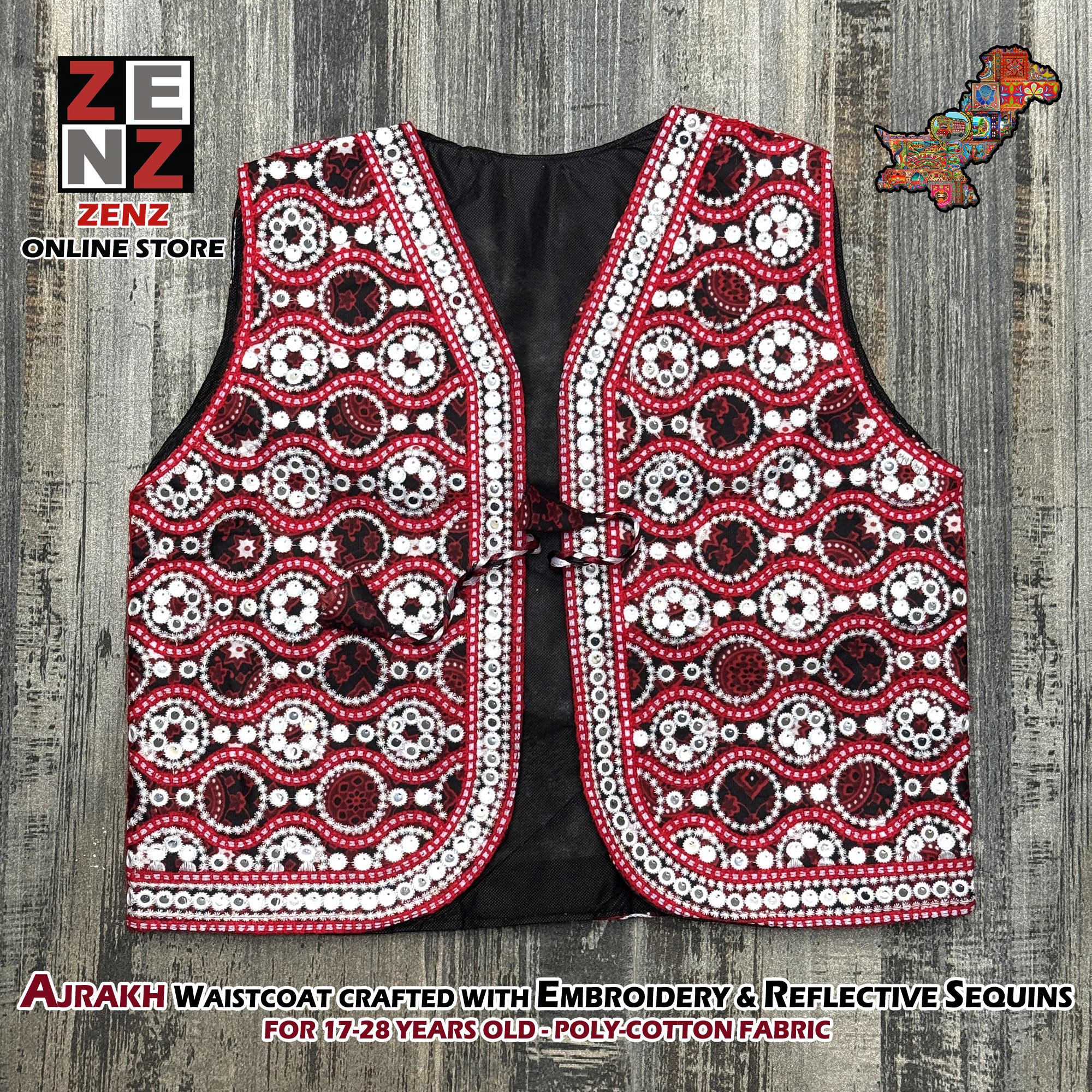 Sindhi Ajrakh Waist Coat Koti for Adult Females crafted with Embroidery & Reflective Sequins Pakistani Embroidered Tradition Wear Waistcoats