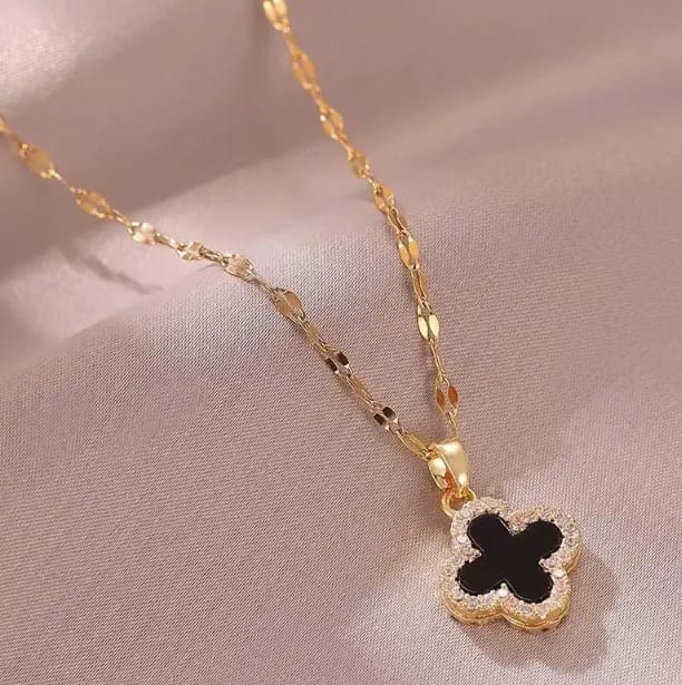 Stainless Steel Black White Four Leaf Clover Necklace Locket Chain For Girls For Women