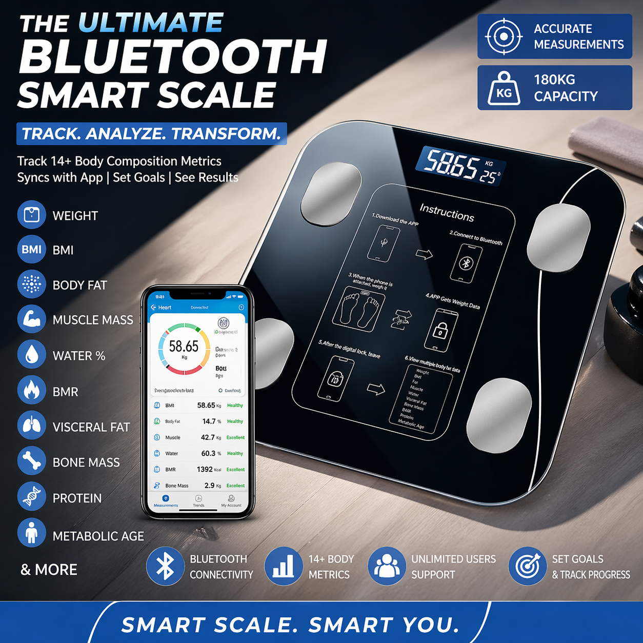 Original Smart Digital Body Weight Scale 180KG  High Precision Electronic Weighing Machine  Smart Bluetooth Body Scale  Tempered Glass  Accurate Weight Machine