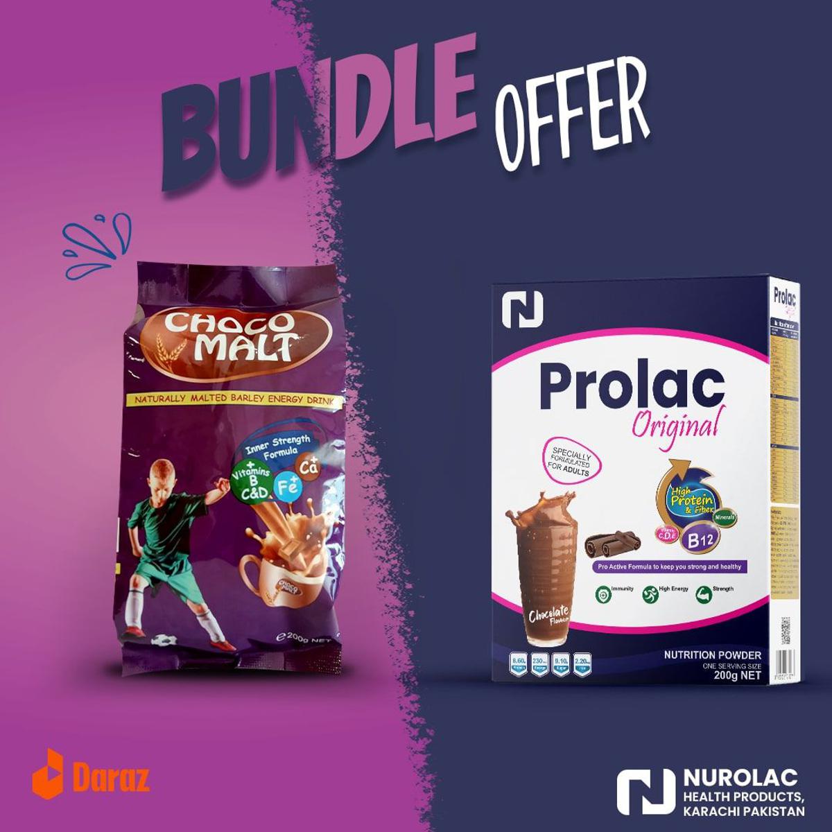 Prolac Nutritional Supplement Powder for Adult Chocolate flavor with chocomalt Kids Drink 200gm (Bundle of 2)