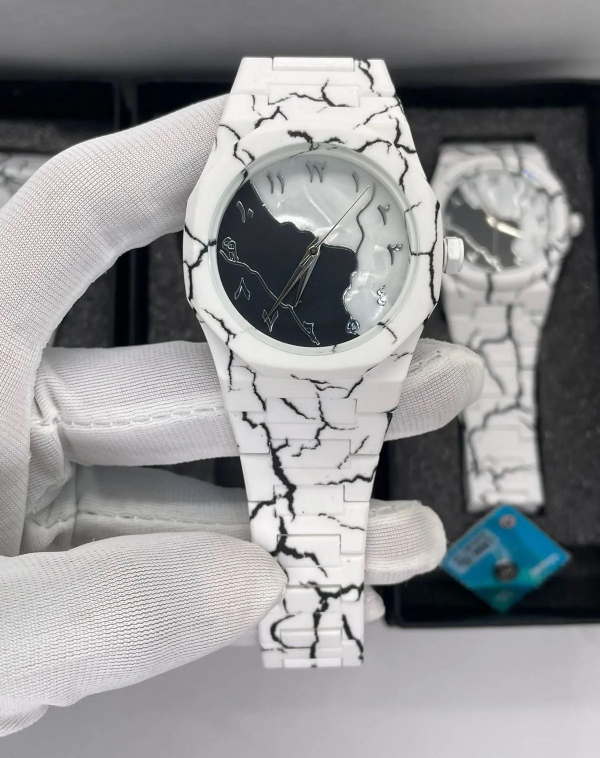 White Marble Arabic Aura Unisex Watch | Luxury Marble Effect Dial Wrist Watch with Arabic Numerals | Stylish Fiber Strap Fashion Watch for Men & Women | Elegant Modern Unisex Timepiece in Pakistan Best Gift
