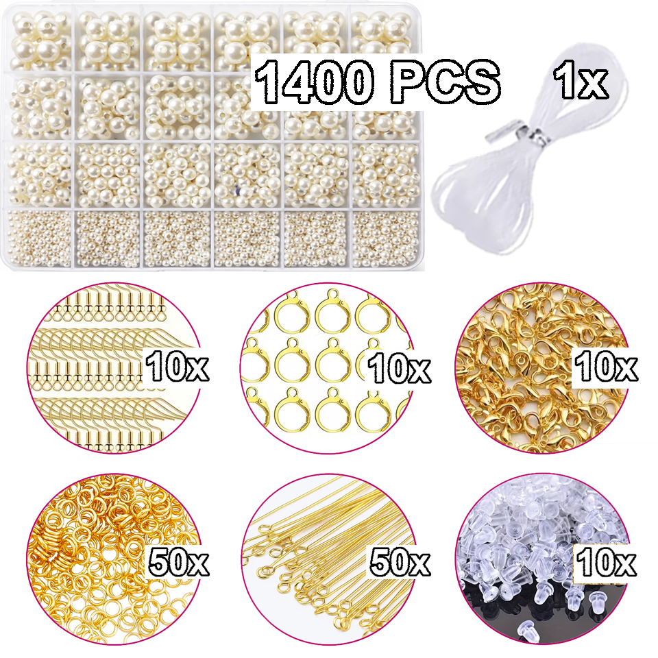 1400 PCS Pearl Beads Jewelry Making Kit with 4mm, 6mm, 8mm & 10mm Faux Pearl Beads – Assorted Cream Pearl Beads with Earring Hooks, Clasps, Eye Pins, Jump Rings, Beading String & Jewelry Findings for DIY Bracelets, Necklaces & Crafts