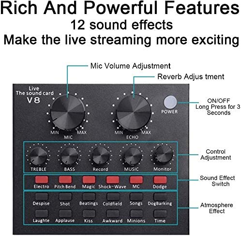 V8 Sound Card & V10 Sound Card Bluetooth Audio Mixer & Voice Changer - 12 Sound Effects Lithium Rechargeable Battery - For Live Streaming & Broadcasting & Podcast - Compatible With PC Computer - Black