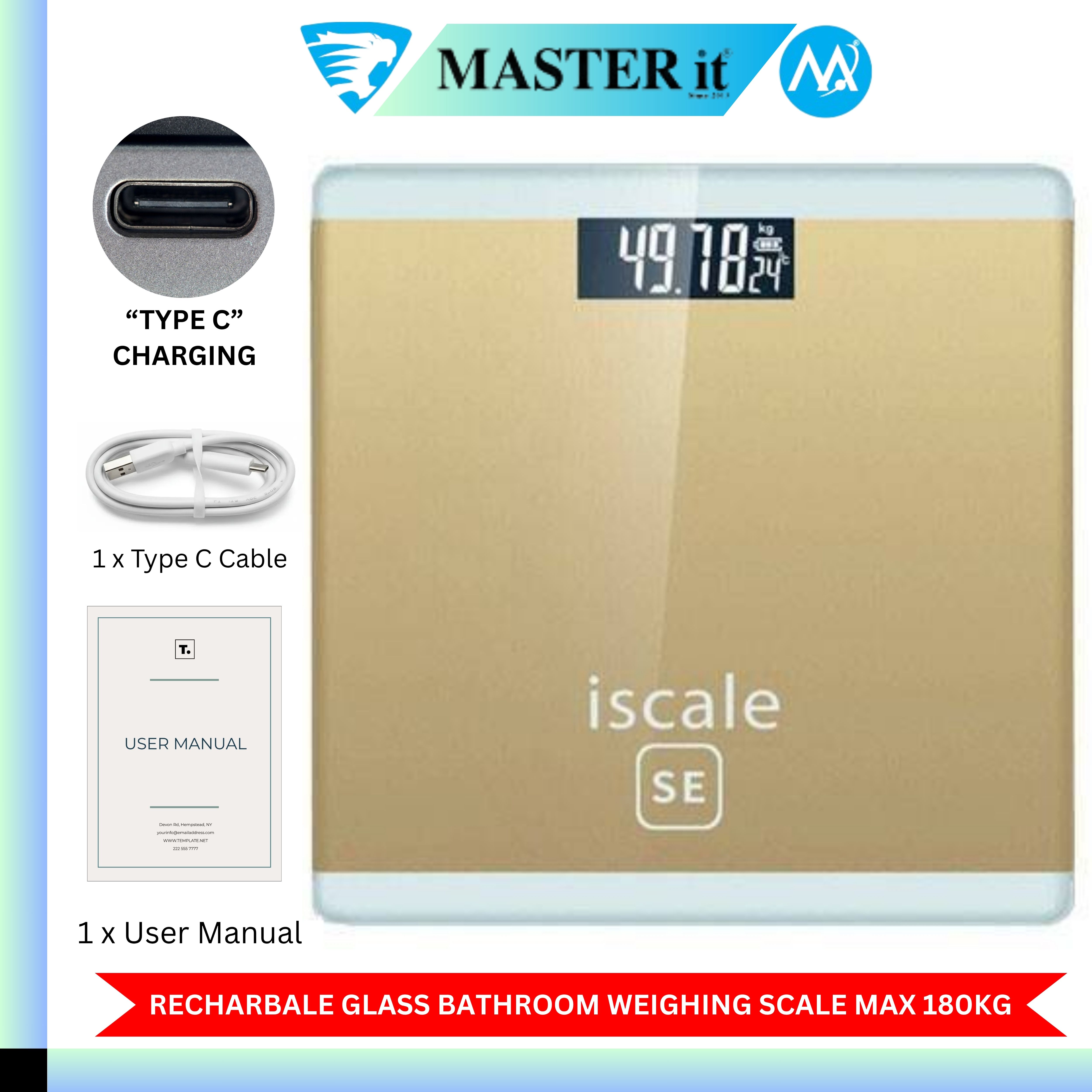 Upto 180kg iScale Type C Charging Rechargeable Weight Machine - Digital Heavy Duty Electronic Weighing Scale with Type C Charging Dual LED Display - Weight Machine With Durable Steel Quality - For Home & Personal Use - Black/Golden/Pink/Silver