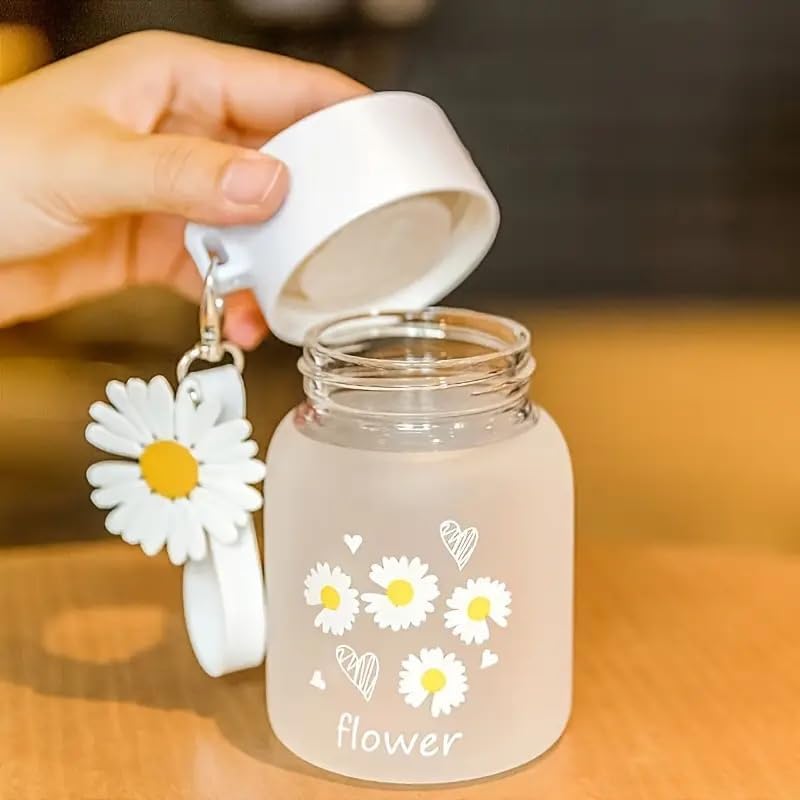 Daisy Flower Glass Water Bottle with Lid & Keychain – 300ml Aesthetic Portable Milk Juice Bottle for Girls, Kids, Office & Travel – Leak-Proof Mini Water Bottle