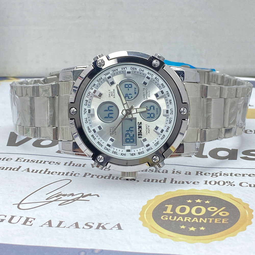 SMK 1389 Dual Time Analog and Digital Chain Watch for Men with Stainless Steel Case Date Day Alarm Stopwatch Luminous Hands LED Light and Waterproof Design