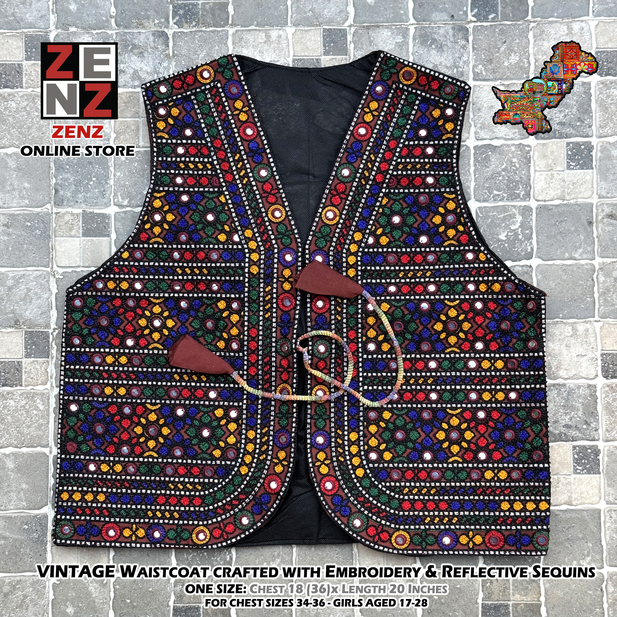 Pakistani Sindhi Balochi Kashmiri Traditional & Cultural Wear Waistcoat Koti Embroidered Zenz Multicoloured Embroidery for Girls & Women
