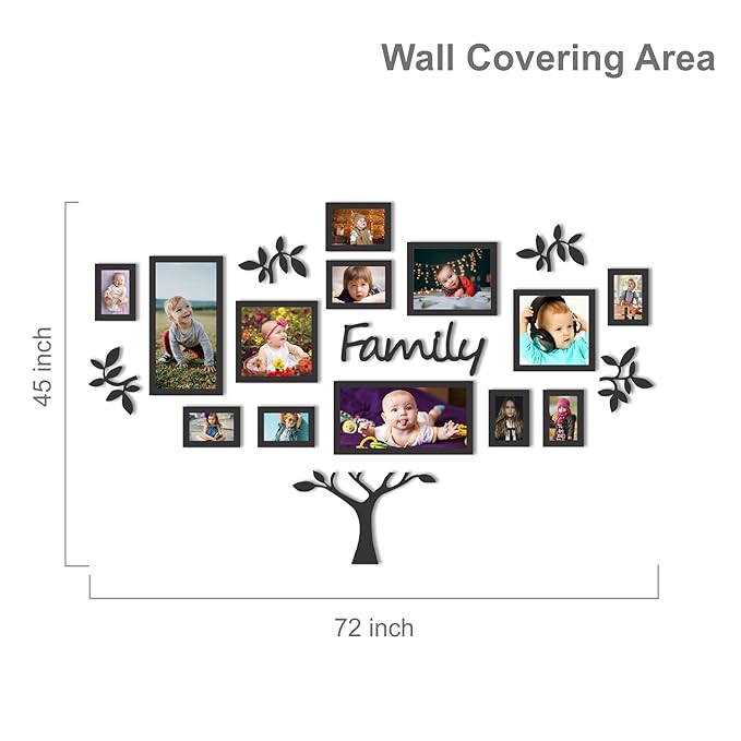 Family Tree Wall Decor with 10-12 MDF Frames, Black Laminated Home and Kids Room Decoration, Gifting Idea (30-40 inch Coverage)